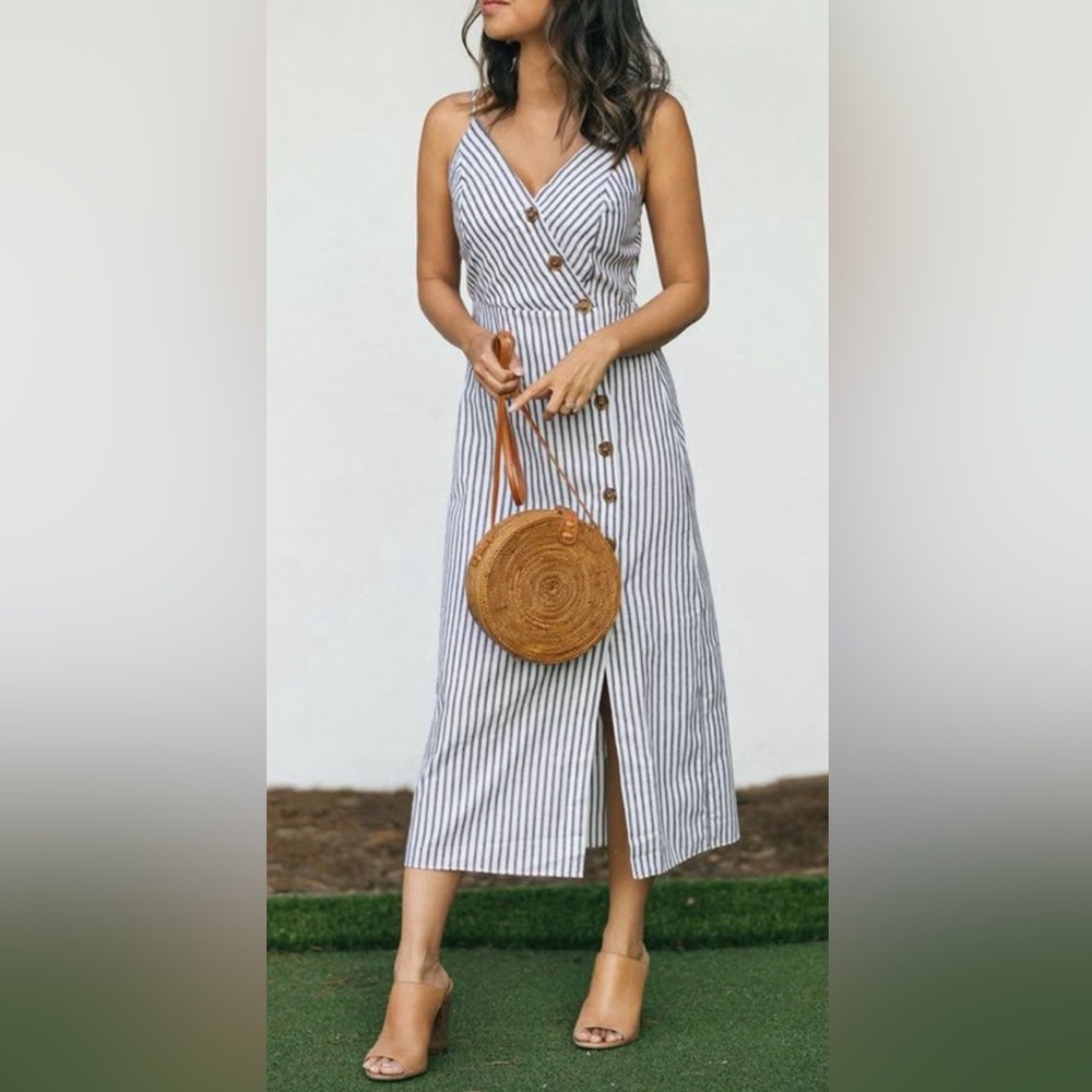 Abercrombie & Fitch Blue and White Striped Wrap-Style Midi Dress